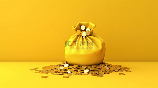 1 渲染黄色背景的 3D 图像，带有现金硬币和钱袋