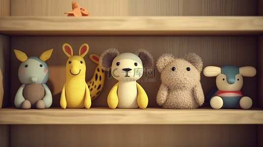 毛绒的玩具背景图片_展示架上有 3D 渲染的毛绒动物玩具