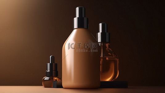投资产品背景图片_3d 渲染讲台场景中的化妆品瓶模型，用于棕色背景上的产品展示