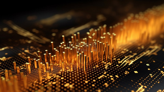 豪华网络概念 3D 渲染黄金数据通过点和光纤技术传输