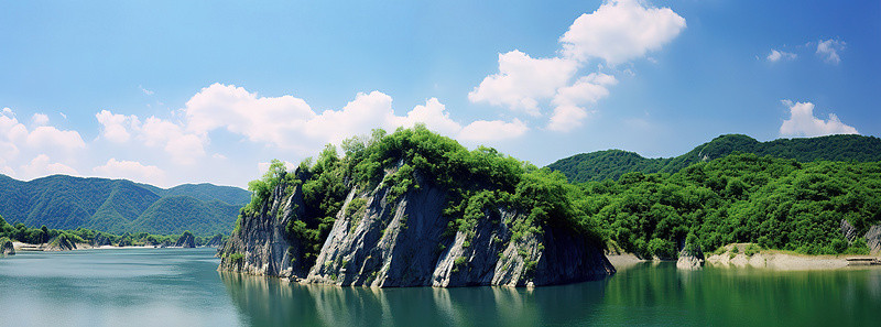 平静的湖面，远处是绿色的风景