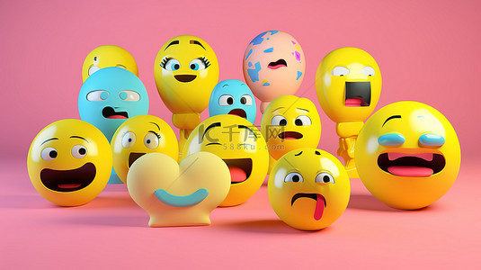 悲伤的表情符号背景图片_具有不同面部表情的表情符号的社交媒体概念 3d 插图