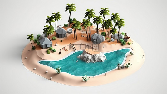 热带海滩的等距 3D 场景，棕榈树和海洋位于孤立的土地上