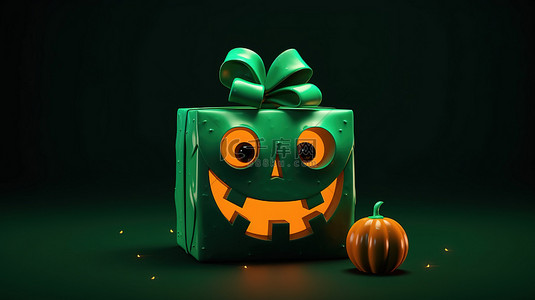 绿色背景与 3D 南瓜头，庆祝 10 月 31 日快乐的万圣节