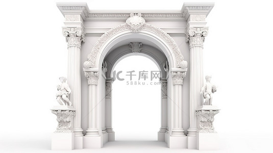 科林斯柱正面经典拱门，从前面看，以 3D 渲染隔离在白色背景上