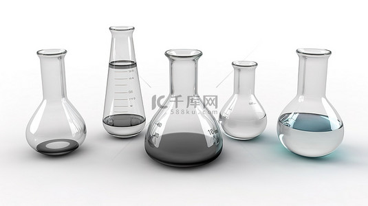 化学实验室器皿背景图片_白色背景 3D 渲染图形上展示的各种科学玻璃器皿