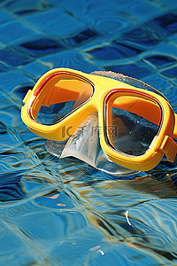 位于泳池边缘的橙色和黄色通气管和护目镜