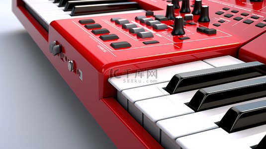 白色背景红色合成器 midi 键盘的特写 3D 渲染