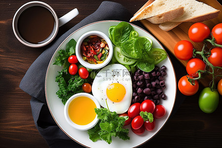 咖啡木盘背景图片_木桌上一盘装满蔬菜鸡蛋和酱汁的盘子