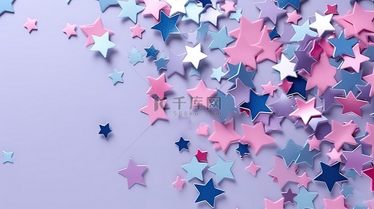 星星银色背景图片_派对装饰抽象蓝色背景，带有掉落的五彩纸屑和 3d 银色粉红色星星