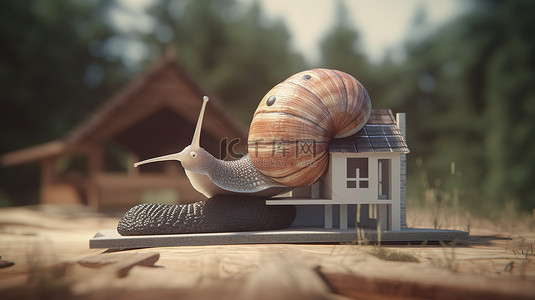 房地产文案背景图片_3d 渲染中蜗牛背上的房屋形状结构