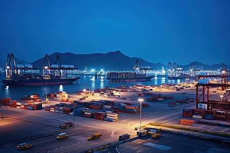 香港路灯背景图片_香港港口集装箱港口在晚上