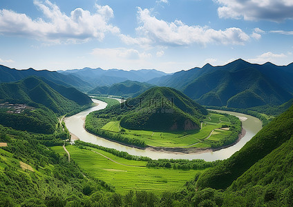绿色全景背景图片_这条河位于郁郁葱葱的绿色山谷中