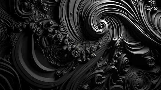 螺旋形线条背景图片_3D 渲染中带有抽象黑色漩涡的壁纸