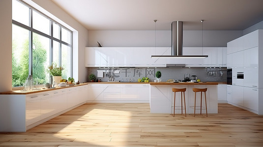 现代厨房设计时尚的白色空间，配有岛台和木地板上的优质烹饪设备