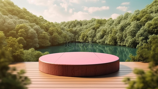 圆形木质底座的 3D 渲染，俯瞰湖泊和粉红色森林，拥有郁郁葱葱的绿色夏季景观