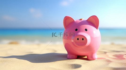 小猪的背景图片_海洋或海沙海滩上粉色存钱罐的 3D 渲染