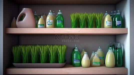用草形架子和安全洗涤剂 3d 渲染进行环保清洁和洗涤