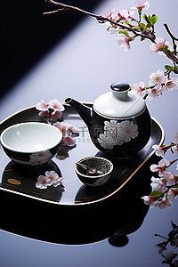 黑色表面的日本花卉装饰和餐具