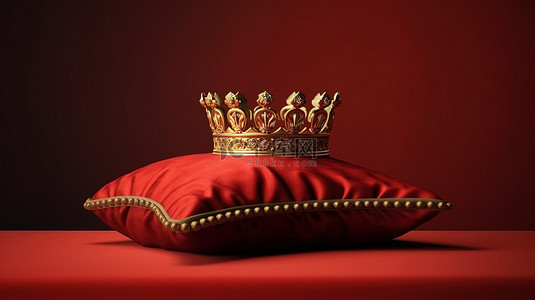 3D 渲染中的金色王冠设置在充满活力的红色背景下