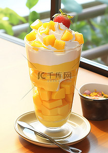 芒果果汁背景图片_桌上放着一杯甜芒果蛋奶冻