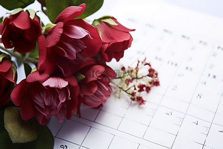 一朵红花和一个白色日历上设置的日期