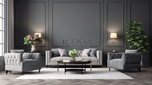 现代复古背景图片_现代复古起居空间，配有墙壁装饰和定制家具，配有 3D 渲染的灰色色调沙发和扶手椅