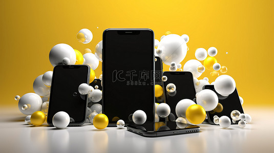 流行艺术风格 3D 渲染的空白智能手机模型，周围环绕着光滑的黄色气泡，非常适合科技和社交网络广告