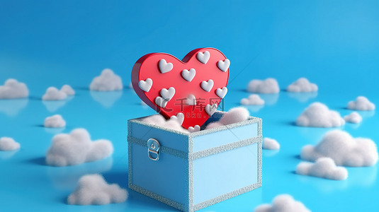 3D 渲染心形礼品盒，带有云和心，在蓝色背景下度过一个快乐的情人节