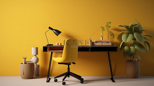 现代家具黄色和棕色书桌和椅子设置在客厅工作区 3D 渲染