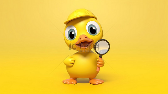 看动物放大镜背景图片_可爱的鸭子吉祥物，带有放大镜，在 3D 阳光明媚的黄色背景下设置