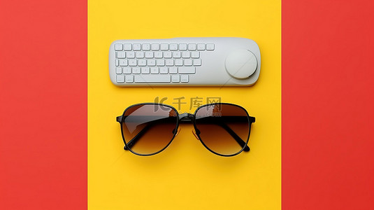 有效的沟通背景图片_黄色背景上笔记本电脑鼠标和浮雕 3D 眼镜的简约顶视图