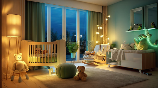 带夜间照明 3D 渲染的现代婴儿房