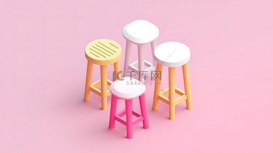 粉色室内设计背景图片_白色和粉色家居用品的 3D 图标，包括高等距凳子