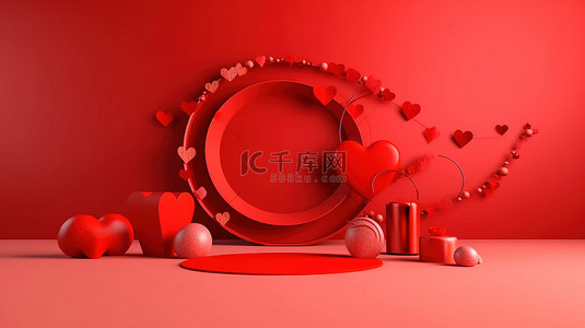 红色背景上的节日情人节设计的 3D 渲染，用于贺卡横幅或海报