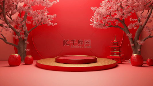 腊梅植物花卉红色舞台中国风格节日背景