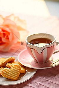 弯曲薯片背景图片_一杯茶和咖啡，配心形薯片