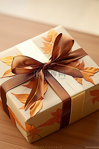 棕色叶子背景图片_一个空的棕色礼品盒，白色表面上有棕色叶子顶饰