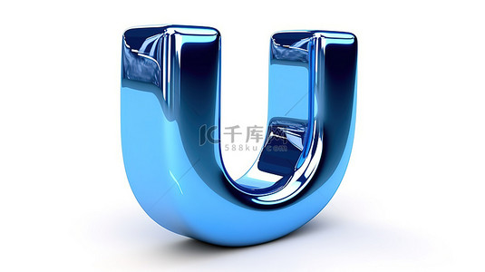 u3d海报背景图片_3d 渲染蓝色镀铬小写字母 u，白色背景上具有光滑表面