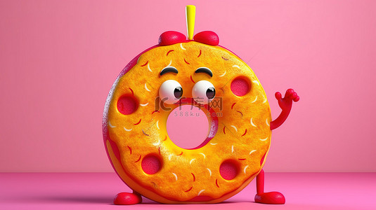 3D 渲染的人物吉祥物，一个人拿着一个粉色釉面甜甜圈，黄色背景上有一个红色问号
