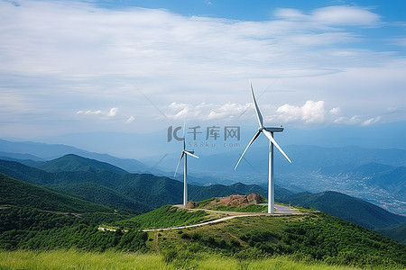 天空山脉背景图片_山顶上的小型风力涡轮机