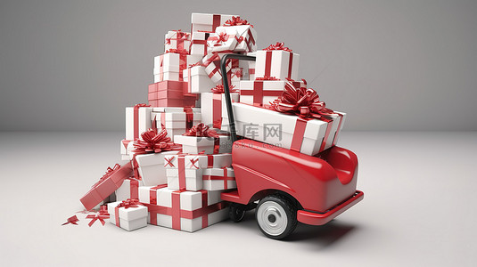 圣诞车背景图片_红色和白色托盘车在 3D 渲染中满载礼物