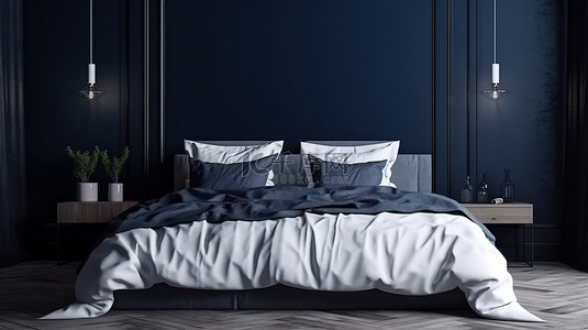 宁静的卧室配有蓝色和白色枕头床头柜和喜怒无常的蓝色墙壁 3d 渲染