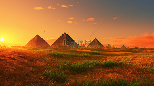 玛雅建筑背景图片_3d 郁郁葱葱的绿草中，古金字塔上的日落光芒