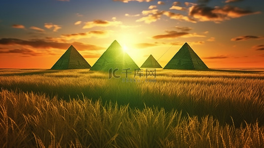 利马背景图片_在神圣的橙色天空 3D 渲染下，在郁郁葱葱的绿色植物中，古金字塔上的日落辉光