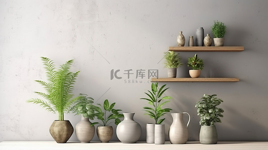 3d 中所示的空白混凝土墙木柜上的观赏植物和装饰物品