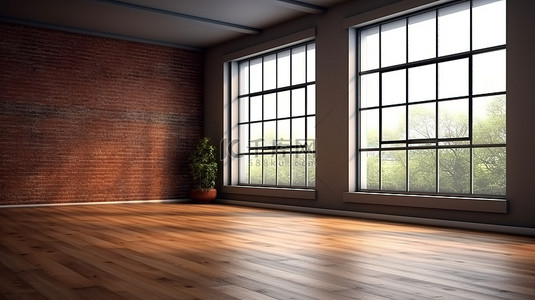 阴暗的空间，木地板和窗户，一个空房间用于模型3D 渲染