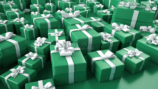 购物装饰背景图片_各种绿色礼品盒，上面装饰着不同尺寸的白色丝带 3d 渲染