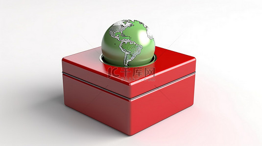 3D 渲染的绿茶盒，由金属制成，带有地球仪和白色背景上的红色箭头