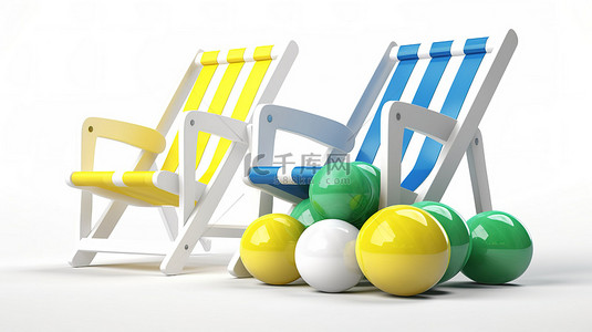 白色背景上带有沙滩球的彩色躺椅的充满活力的 3D 渲染